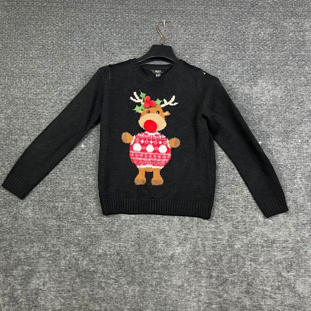 Forever 21 Ugly Christmas Sweaters Girls Black Reindeer Knit Pullover Size 11/12